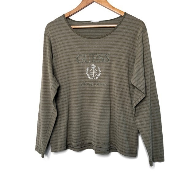 GUESS Jeans Womens Striped Long Sleeve Top Green Embroidered Logo Crew Neck - Picture 3 of 16